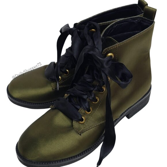 Dirty Laundry Womens Hunter Green Satin Combat Boots With Satin Ribbon Laces - Picture 1 of 10